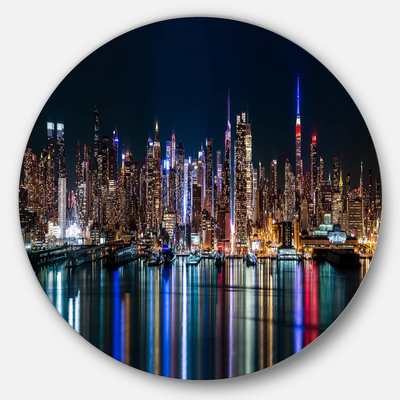 Designart - New York Midtown Night Panorama&#x27; Extra Large Metal Circle Wall Art